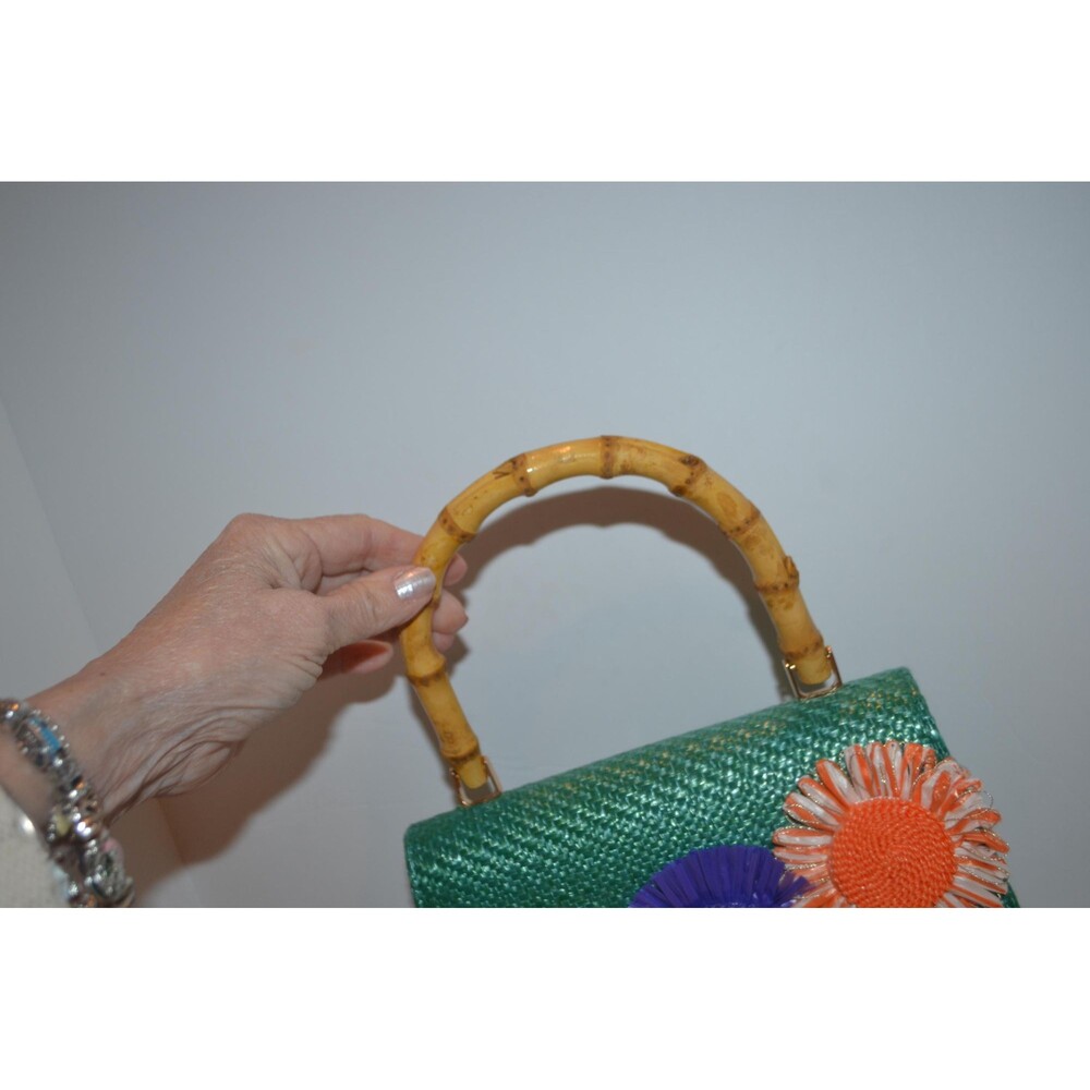 Bermuda Bag Vintage Green with Raffia Flowers Bamboo Handle with Chain Crossbody - Picture 3 of 5